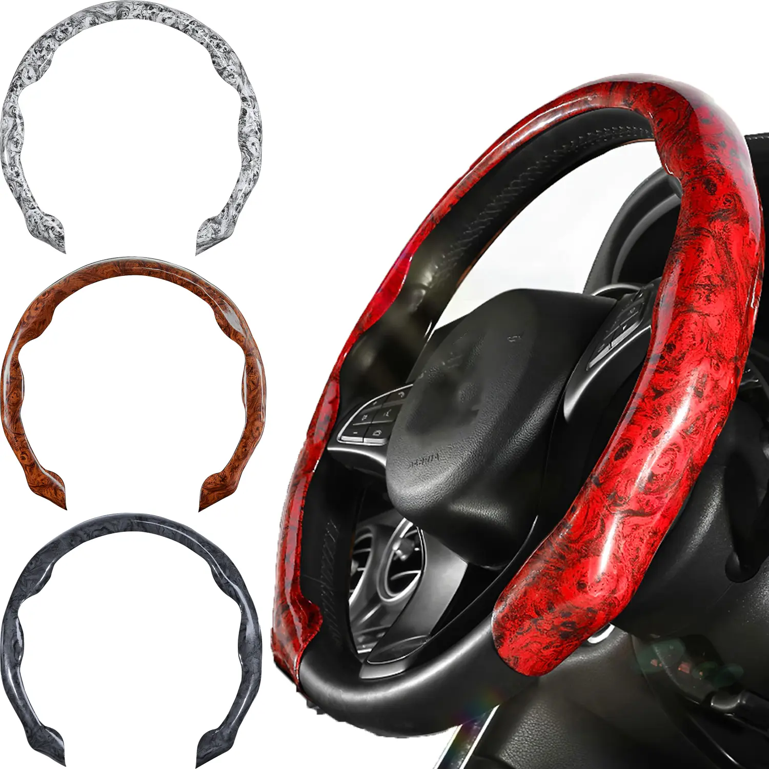 Universal Car Wood Grain Steering Wheel Cover D-shaped and Round Steering Wheel Protective Cover Anti-Slip Auto Interior Accessories Fit For 15inch Steering Wheel