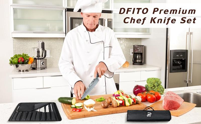 9Pcs Kitchen Knives Set with Roll Bag, Stainless Steel Japanese Damascus Pattern Chef Knife with Knife Sharpener,  Professional Chef Tool,Perfect Christmas & New Year Gift ldea