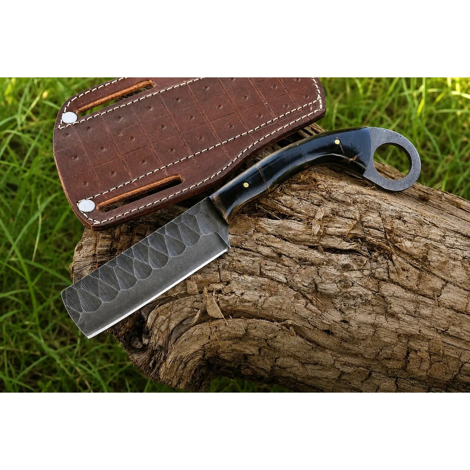 Hand Forged Railroad Steel Fixed Blade Knives, Risen Handle Compact Utility Tool with Leather Sheath