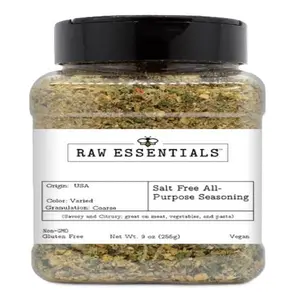 Raw Essentials Salt Free All-Purpose Seasoning - Savory and Citrusy Seasoning Blend - Great on Meat, Vegetables, Pasta, and More - Large 9 Ounce Bottle - Salt Free, Vegan, Non GMO, Gluten Free