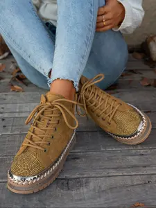 Women's Thick Sole Ankle Boots, Rhinestone Decorative Lace-Up Design, Warm Fleece Lining, Fall Winter Fashion Snow Boots, Casual Warm Boots