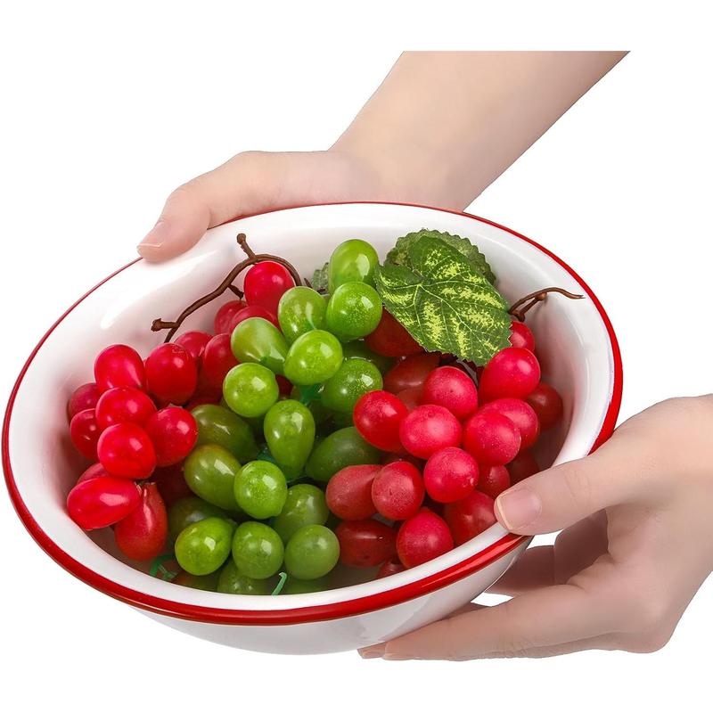 3 Pack 8 Inch Enamel Bowl, 34 Oz Large Enamel Mixing Bowl Wide Enamel Salad Bowl with Red Rim,  White Enamelware for Soup, Fruit, Pasta