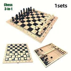 3 in 1 Wooden Chess Board Game, 1 Set Foldable Portable Chess Board Game, Indoor Leisure Game for Parents & Friends, Tabletop Games, Family Board Game, Birthday Gift