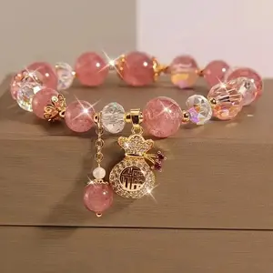 1pc Pink Strawberry Stone Bracelet with Heart Pendant and Golden Beads - Sparkling Decoration, Adjustable Elastic Band, Suitable for Women, Cute Valentine'S Day Gift, Birthday Gift, Daily Jewelry, Playful Design
