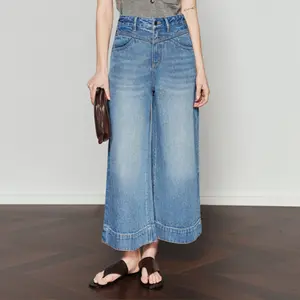 QKU Women's High Waisted Wideleg Jeans Loose Fit Full Length Trousers with Side Seam Stitching & Frayed Hem Blue Denim Wideleg Pants for Casual Outings Minimalist Style