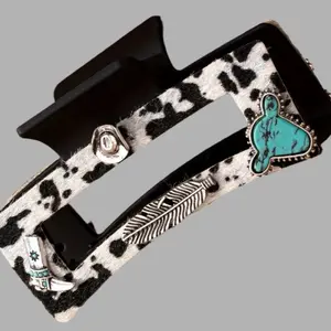 Cowhide Textured Hair Clip with Black and White Pattern, Turquoise Accents, Elegant and Leather Graphic, Western Style