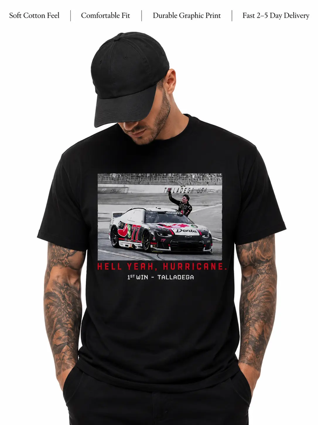 Carson Hocevar #77 Hell Yeah Hurricane T-Shirt, 1st Win Talladega Dente Race Car Graphic Tee for Race Day Fans | Menswear & Underwear - Men's Tops - T-shirts - Men's Short-sleeve T-shirts