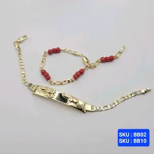 Combo gift Evil Eye Protection Bracelet Red and Bracelet ID with Elephants chain Figaro style Laminated-Gold 6 Inches 3mm wide Adjustable for Babies Stylish Protective Accessory Comfortable Fit Versatile Design jewerly.