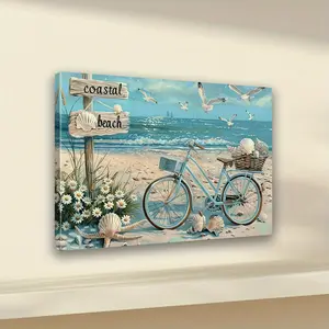 2D Flat, A Wooden Frame Canvas Painting - Beach Ocean Shell Coastal Bicycle Artwork for Bedroom Decoration