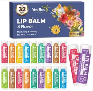 32 Pack Lip Balm, Natural Lip Balm Bulk with Vitamin E and Coconut Oil, Moisturizing Lip Balms for Dry Cracked Lips, Lip Balms for Valentines Gifts Stocking Stuffers - 8 Flavors