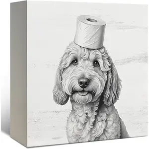 Goldendoodle Bathroom Decor, Funny Golden Doodle Dog Wooden Box Sign, Goldendoodle Gifts Wood Signs for Bathroom Toilet Restroom Counter Shelf Wall Decoration 5x5 Inch