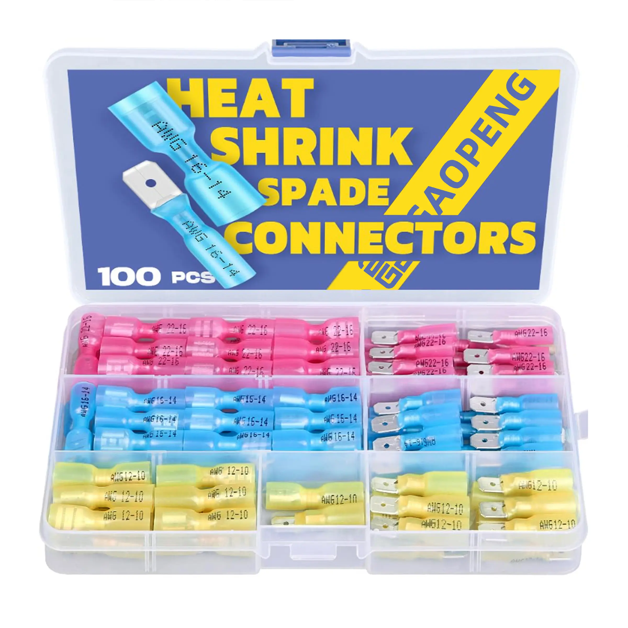 100pcs Heat Shrink Spade Connectors,AWG 22-10 Quick Disconnect Wire Connectors-Female and Male Spade terminals for Watercraft,Electronics,Automotive Crimp Connectors, Durable Reliable Connectors