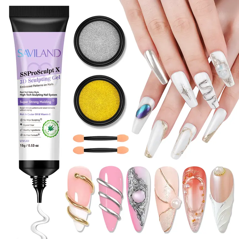 SAVILAND 3D Nail Gel & Chrome Powder Kit - Salon-Grade UV Formula, Smooth Glossy Finish, Nail Care Essentials for Home Manicures, Summer Vibes DIY Decoration