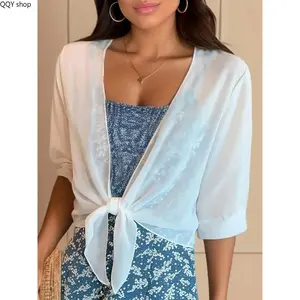 Women's Solid Color Chiffon Sunscreen Cardigan - Half Sleeve Tie Knot Open Front Shrug, Ultra-Thin Sheer Lightweight Cover-Up, Breathable Loose Casual Outerwear for Women's Clothes, Beach Vacations & Summer Daily Outings, Cardigan For Women
