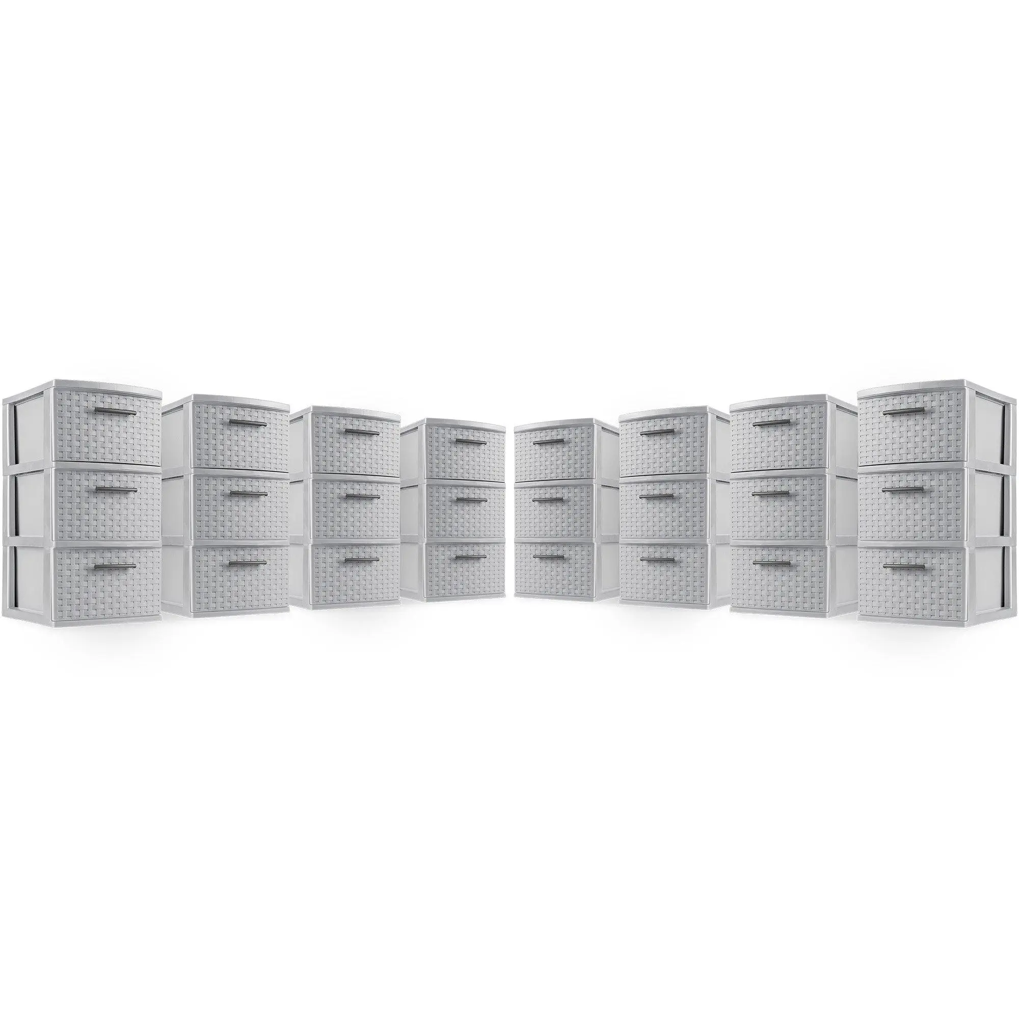 Sterilite 3 Drawer Storage Tower, Plastic Weave Medium Organizer, Cement, 8 Pack