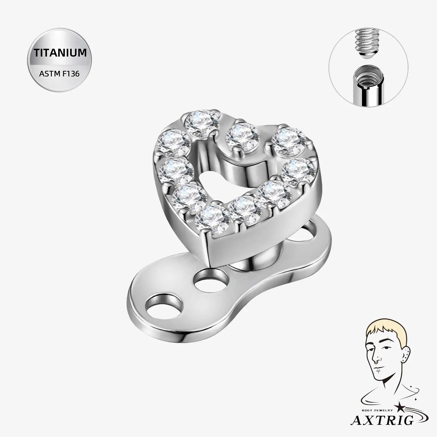Titanium CZ Heart Surface Top Body Piercing Jewelry - 16G, 14G Sizes, 5.5mm for Dermal, Anti-Eyebrow Piercings, Dermal Piercing Jewelry, Titanium Grade, Dermal Tops Jewelry, Everyday Wear