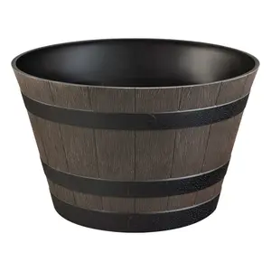 Barrel Large Brown Resin Round Planter (22 in. L x 22 in. W x 13.5 in. H)