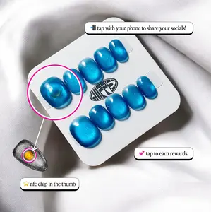 Based Chipped Social NFC Press on Nails Microchip Manicure Blue Squoval Cat Eye Acrylic Nail for Social Sharing NFC Chip Pre Installed Free App Included - Beauty