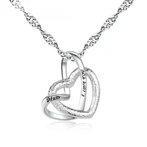 Frosted heart pendant necklace, female love, simple fashion, high sense, cold wind collarbone chain, engraved with MUM I Love you, Mother's Day gift.