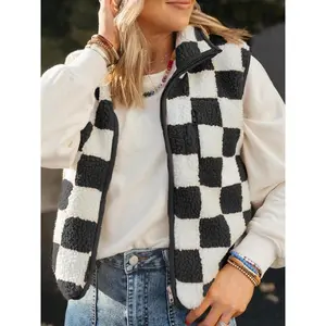 Women's Checkerboard Print Zip Up Fuzzy Vest Jacket, Casual Sleeveless Collared Outerwear for Winter, Ladies Clothes for Daily Wear