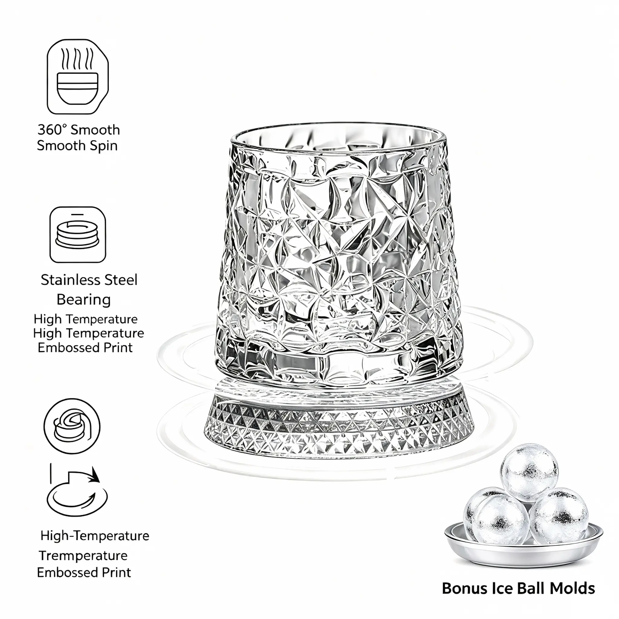Luxury 360° Spinning Crystal Whiskey Glass Gift Set, Rotatable Embossed Tumbler with Durable Stainless Steel Bearing, Home Bar Decor, Perfect Present for Men, Comes with Ice Ball Molds