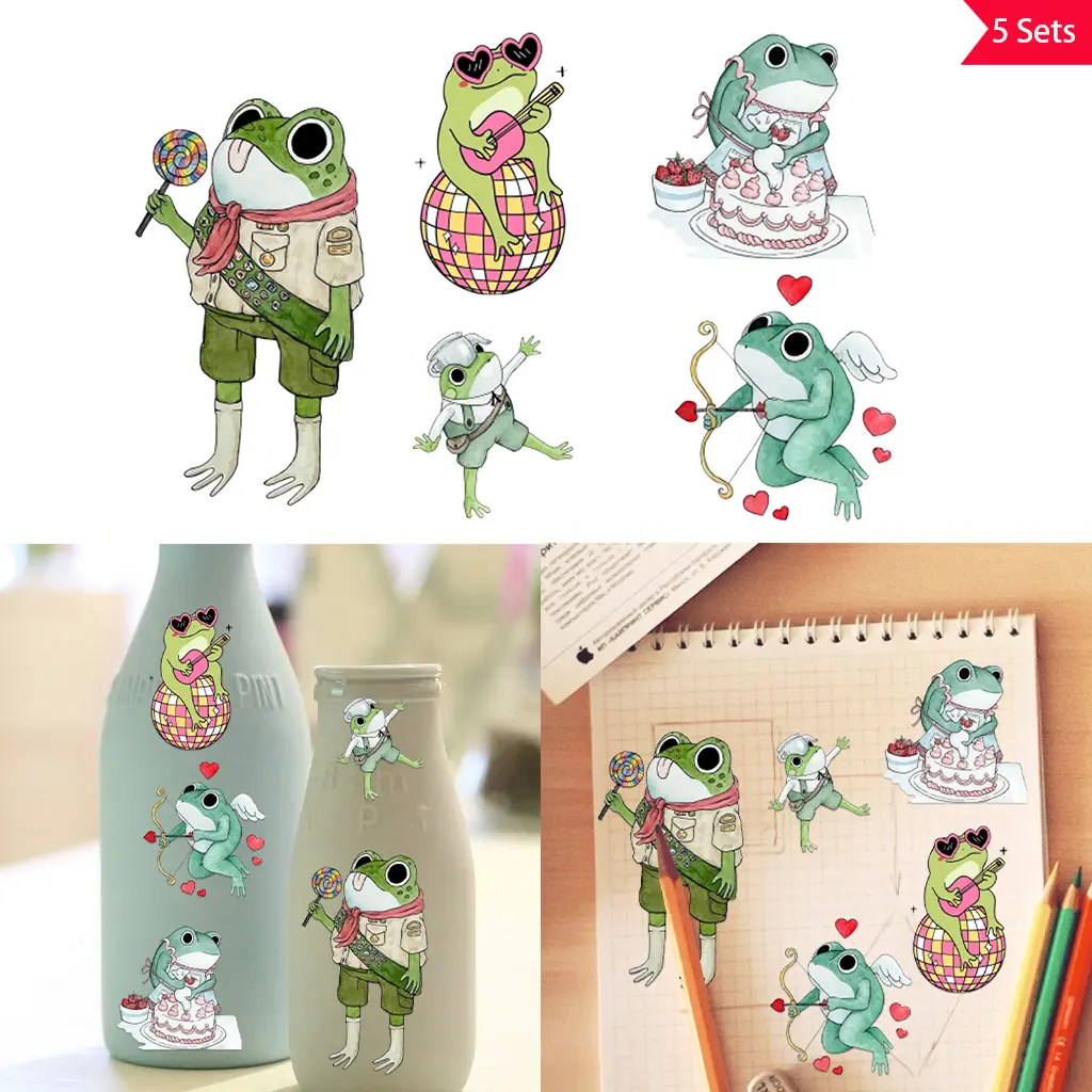 5-Piece Set of Adorable Transformative Frog UV DTF Crystal Label Transfer Stickers Perfect for glass jars and space decoration, item embellishment Self-adhesive, removable, waterproof Creative DIY crystal label transfer stickers