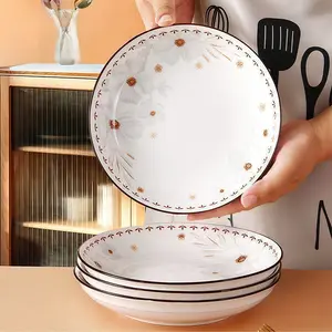 White Floral Ceramic Plates Set of 4, Round Breakfast Dessert Steak Salad Plates, Glazed Kitchen Dinnerware for Home Dining