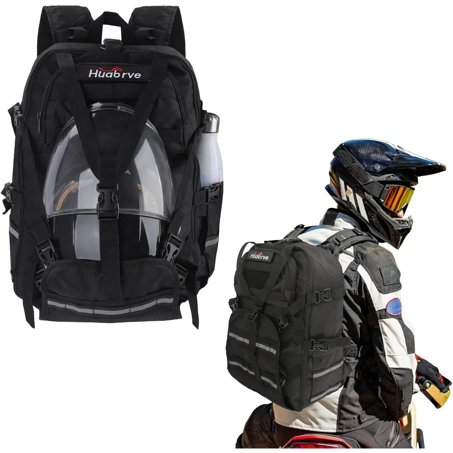Men's Large 35L Nylon Fabric Waterproof Motorcycle Riding Bag, All Seasons Cycling Backpack with Zippered Helmet Holder, Adjustable Shoulder Strap, Buckle, Heat Dissipation, Reflective Piping Strips (13.2"l x 8.2"w x 18.3"h, Black)