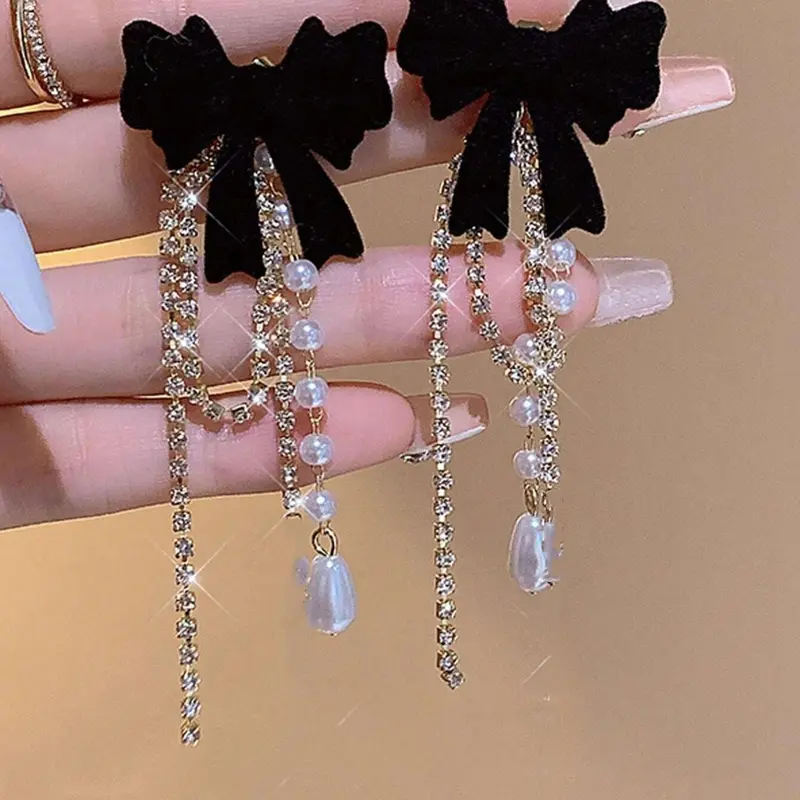 Bowknot Design Faux Pearl Decor Shining, Elegant for Women, Trendy & Exquisite Decorative Jewelry, Fashionable Earrings for Birthday Gift