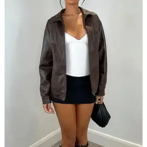 Women’s solid-color zip-up casual versatile long-sleeve jacket, brown faux leather with a mottled texture, cinched waist hem, motorcycle jacket, vintage distressed leather, winter women’s clothing, women’s jacket, Thanksgiving women’s clothing