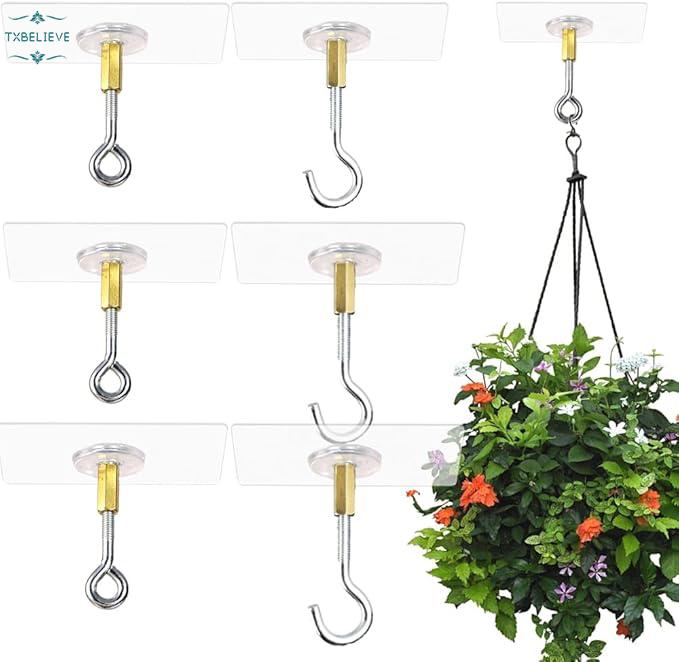 2PCS Self Adhesive Metal Ceiling Hooks Wall Mounted No Punching Plants Flower Pots Lanterns Hanging Holder Home Organizer“Transparent”