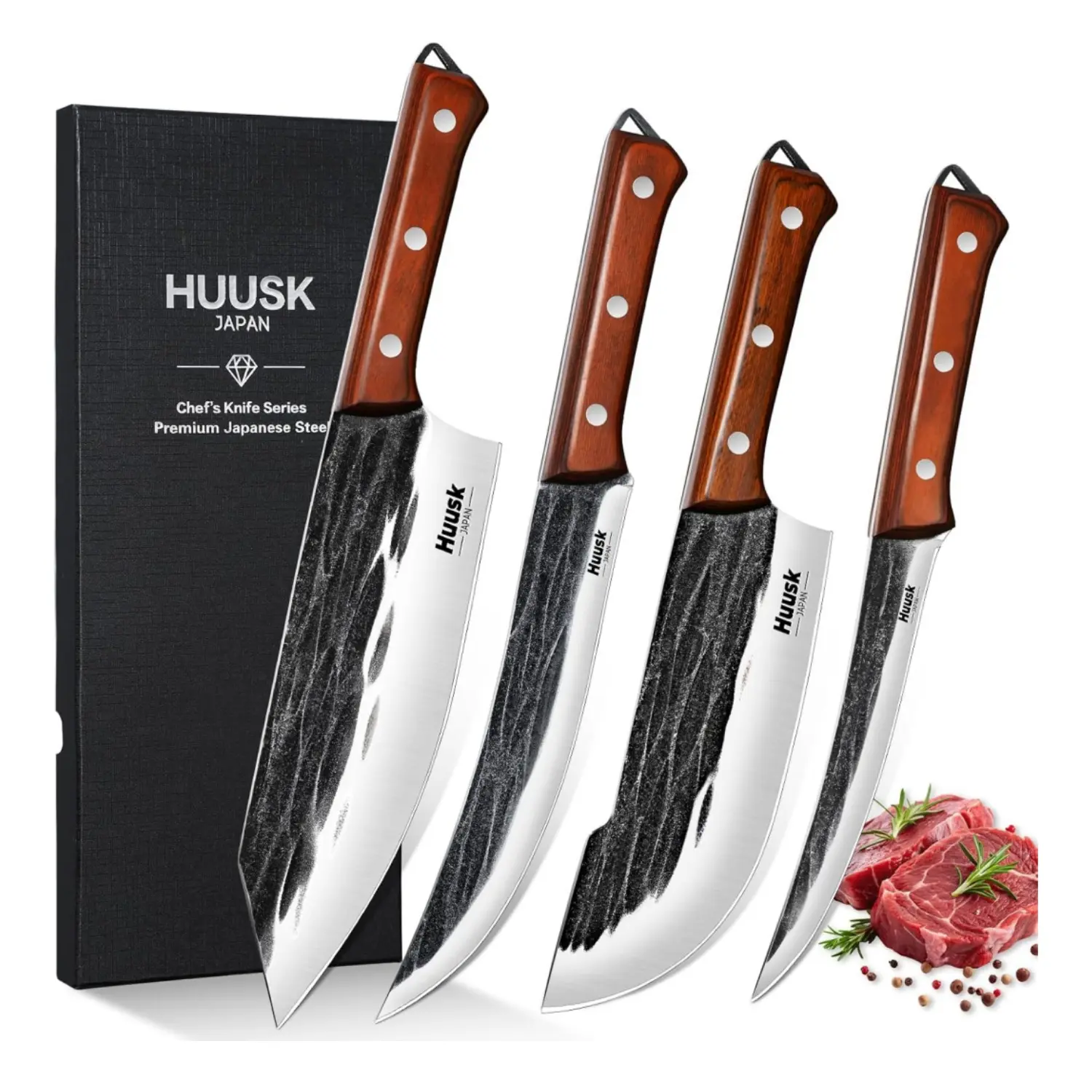 Huusk Butcher Knife Set, 4 PCS Hand Forged BBQ Knife Set for Meat Cutting, Sharp Meat Carving Breaking Knives with Ergonomic Handle, Gift for Men Women