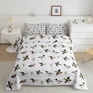 Duck Hunting Themed Luxury Queen Bedding Set - Soft Bed Blanket, Wildlife Decor, Botanical Lightweight Breathable Duvet Set for Bedroom, Queen Bedding Sets