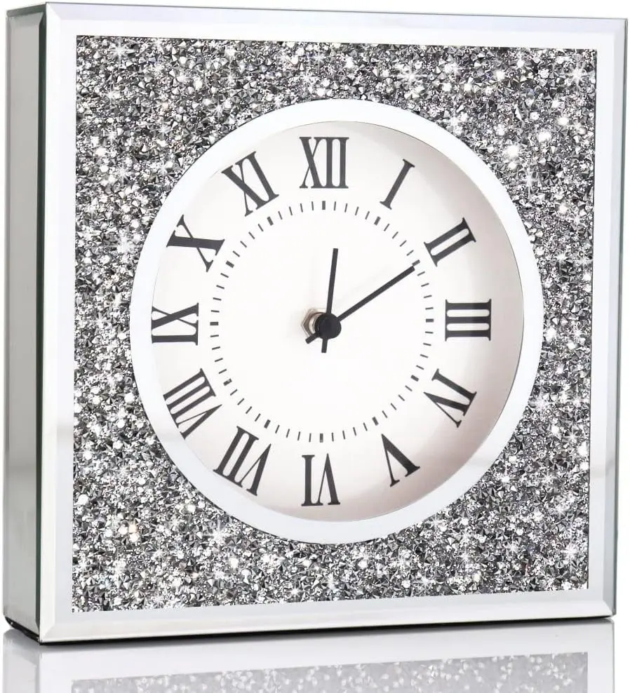 Desk & Wall Clock 8x8x2Inch Crushed Diamond Mirrored Decorative Clock for Home Table Top Decoration AA Battery not Included
