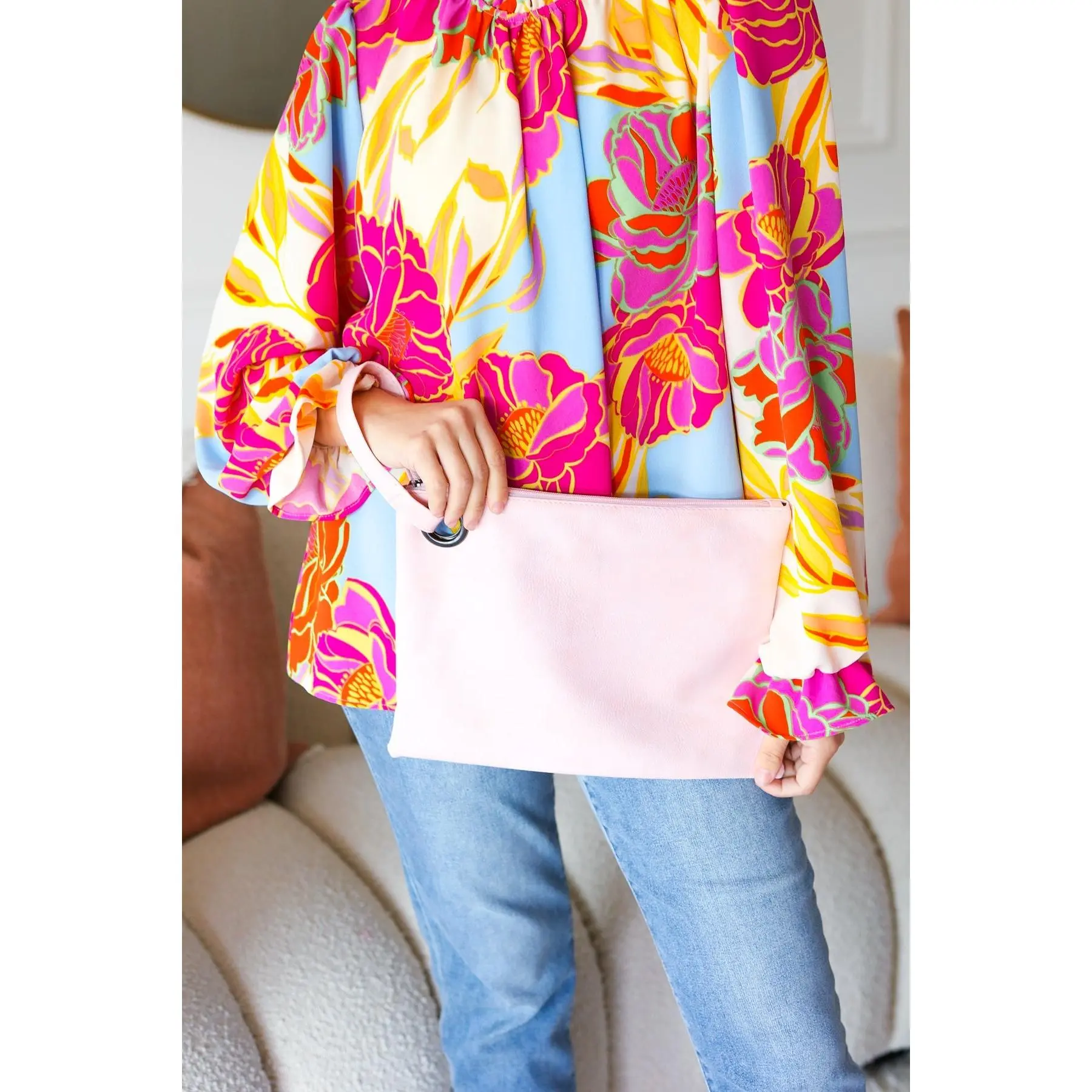 Blush Faux Leather Handle Zipper Clutch