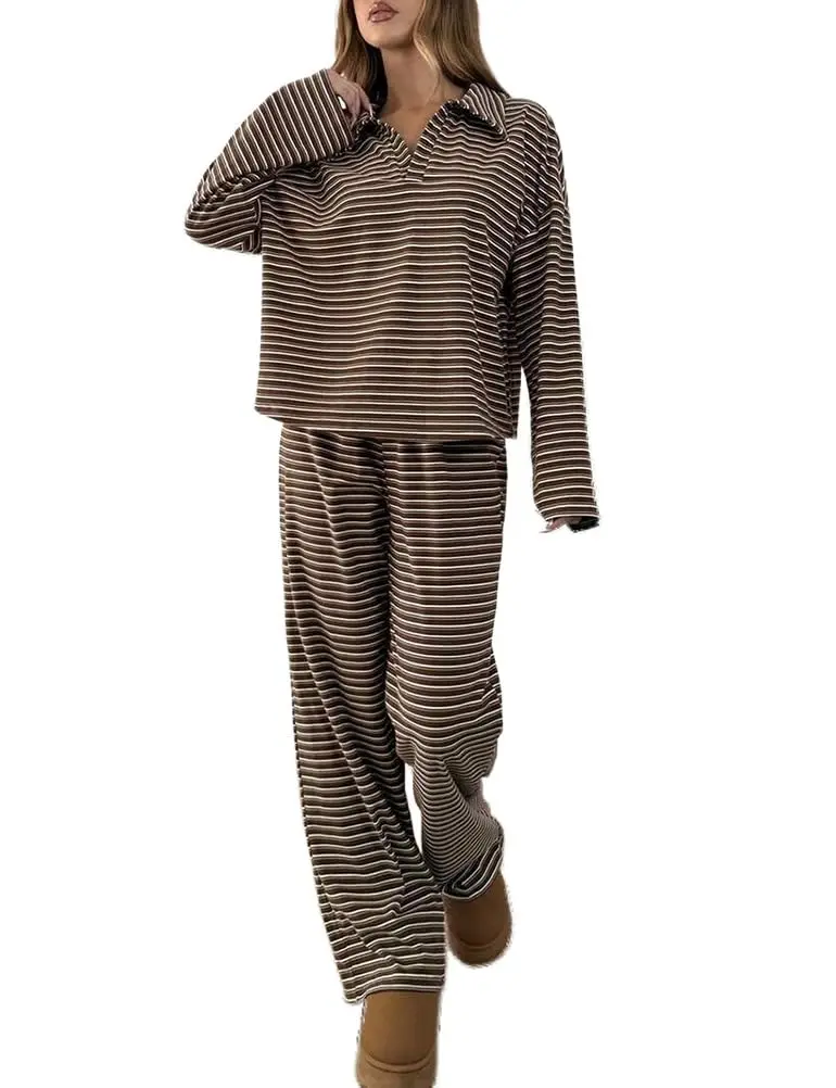 Arssm Striped Lounge Set Fall V Neck Pullover Sweatshirt Lounge Pant Sets