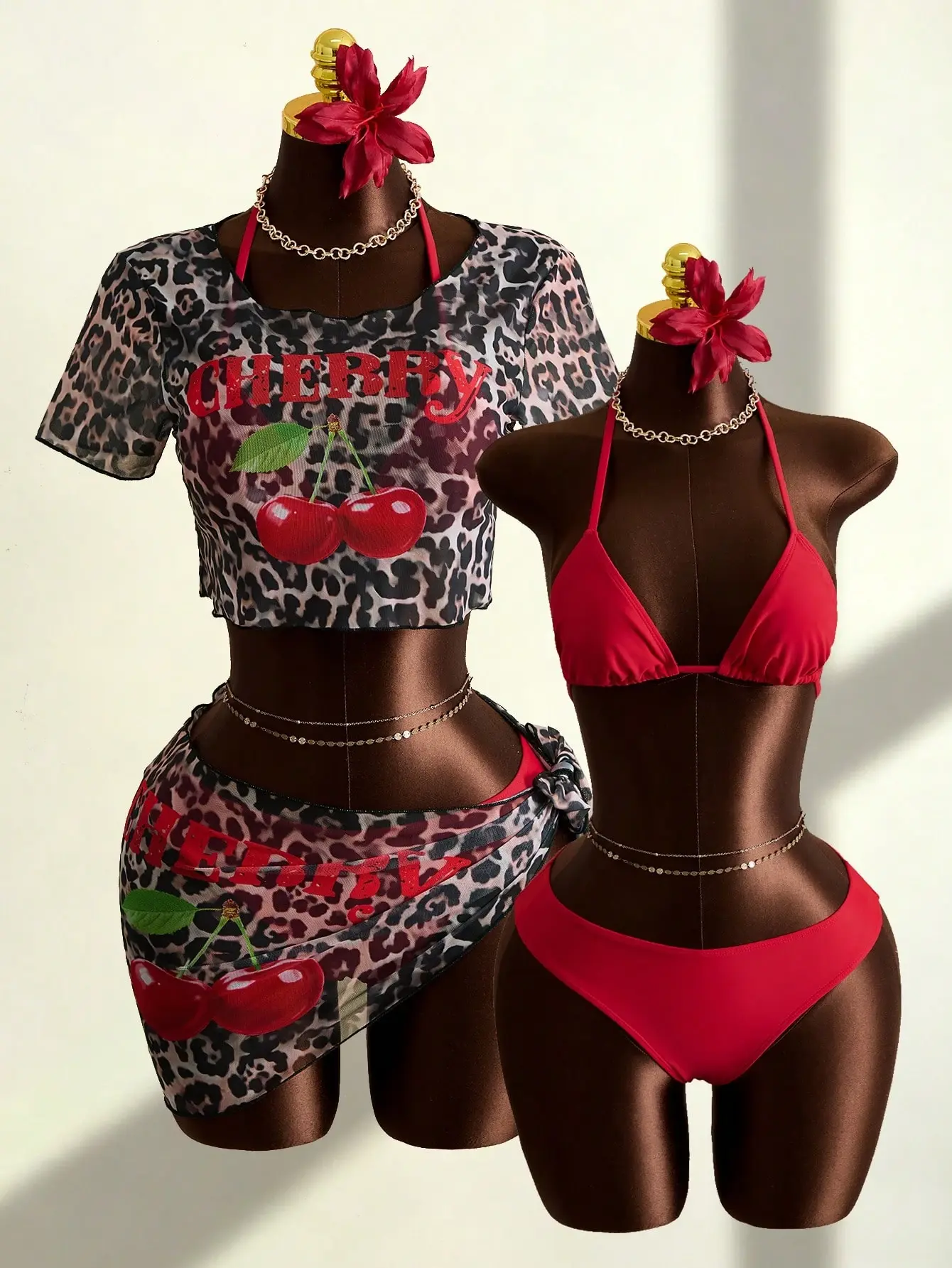 LALUZ Boutique Women's 4-Piece Knit Cherry Print Tie-Up Triangle Crop Top Bikini Set - Sexy 3D Rose Accent Beach Wear Bathing Suit for Vacations, Bathing Suit Women, Swimsuits, Knit Fabric, Cherry Pattern, Triangle Cups, Ultra Low Waist
