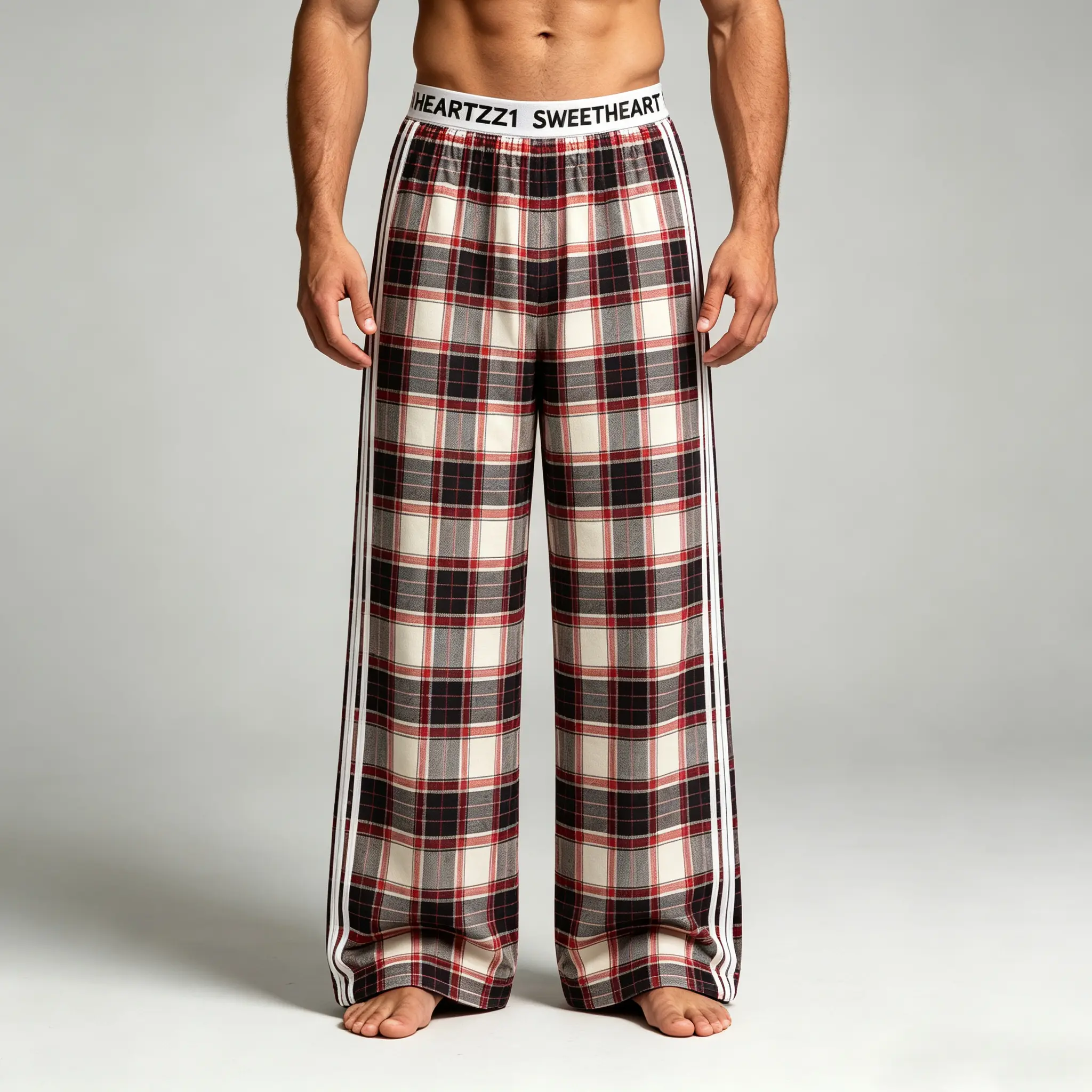 Men's Oversized Retro Red-Black Plaid Wide-Leg Casual Pants - Menswear with Elastic Lettered Waistband, 3 Side Stripes, Breathable Fabric for Spring/Autumn Home Workout