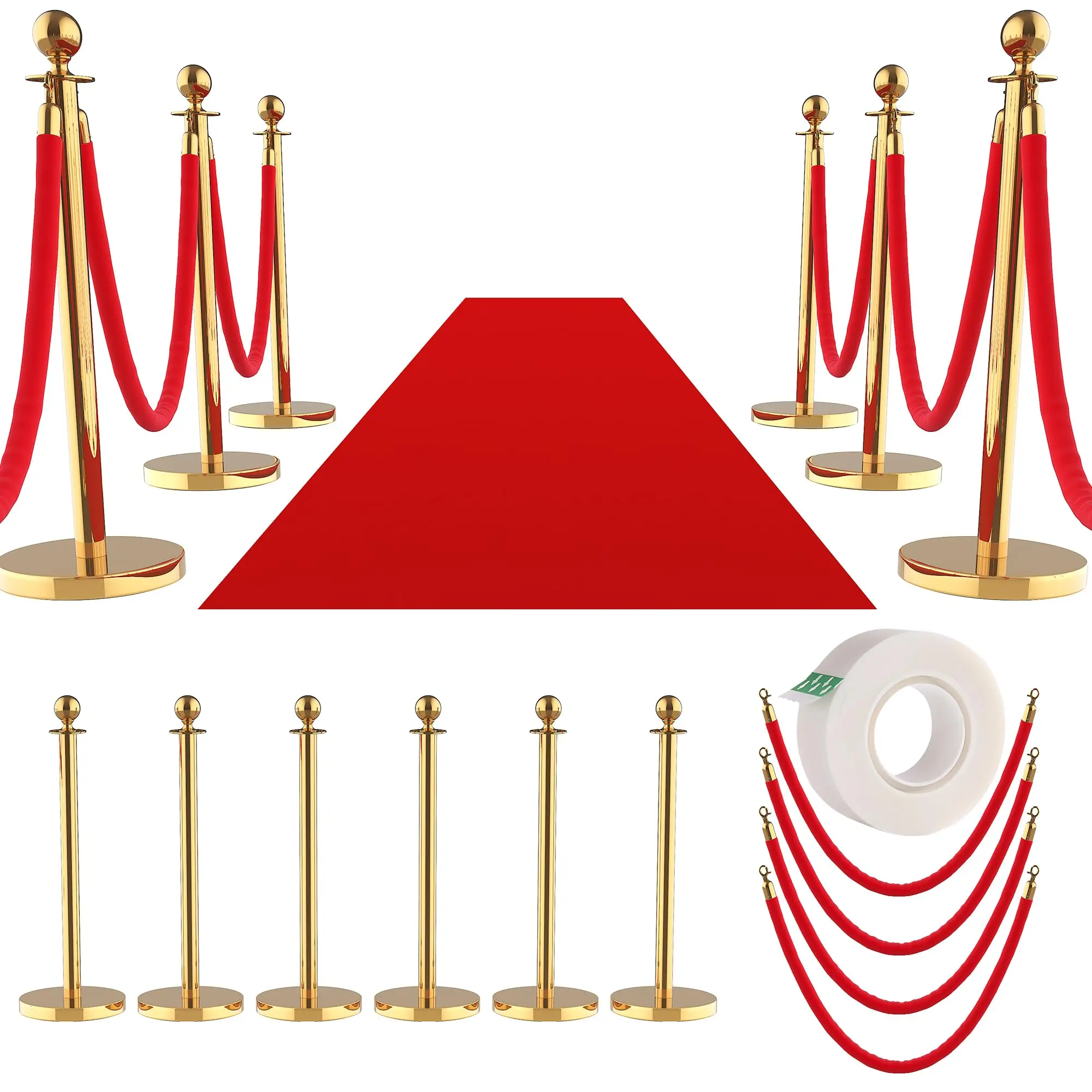 6Pcs Gold Stainless Steel Stanchion Post Set with 5ft Red Velvet Ropes, 26ft Red Carpet - Crowd Control Barrier & Queue Line Kit for Wedding, Party Supplies (Home & Garden Decor)