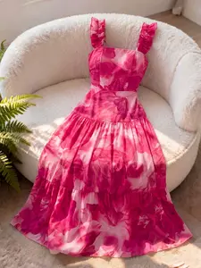 Women's square neck ruffle shoulder strap print maxi dress, French romantic boho style, suitable for vacations, weddings, parties, dates and daily outings.