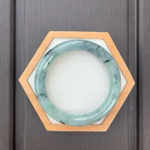 25060-RM Certified Untreated Grade A Jade Bangle｜Princess Round 55.6mm (Icy Blue with Dark Green Floral)