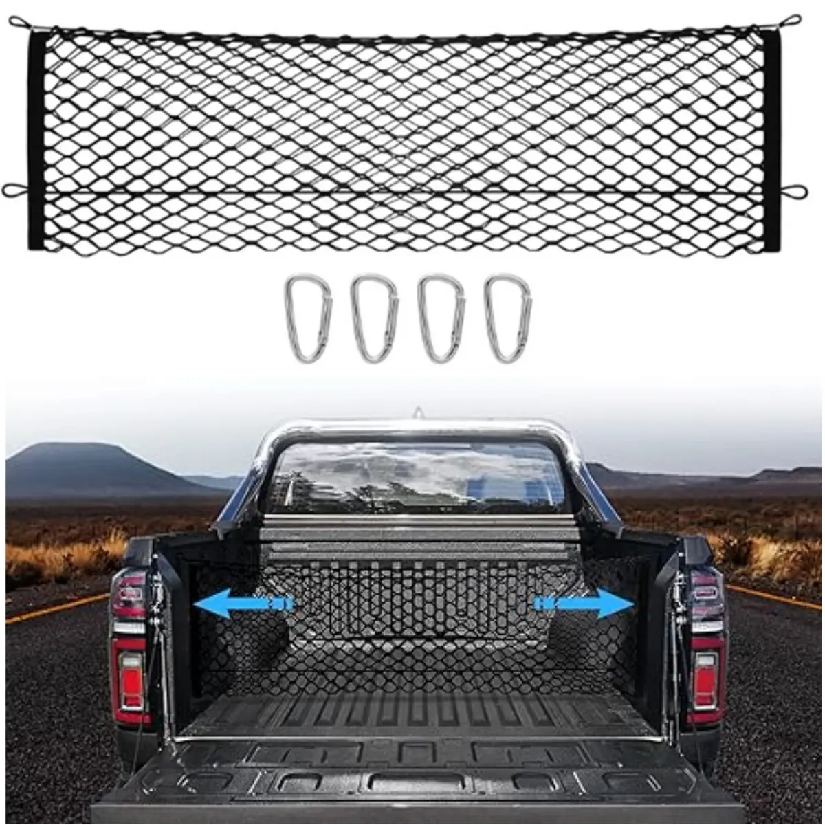 Truck Bed Cargo Net, Cargo Net for Pickup Truck Be, Cargo Storage Elastic Mesh Net Organizer with Hooks, Truck Bed Grocery Holder with Hooks, Truck Bed Net for Trunk Organizers and Storage Additional with 4 Metal Carabiner Buckles, Cargo Net for