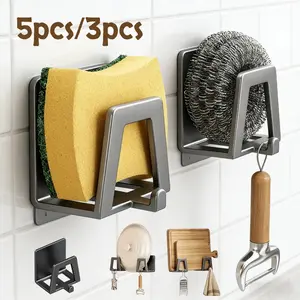 5pcs/3pcs Modern Metal Sink Storage Hooks with Adhesive - Kitchen Soap and Sponge Organizer - Carbon Steel Wall-Mounted Sink Rack, Decorative Sink, Space-Saving, Easy to Clean