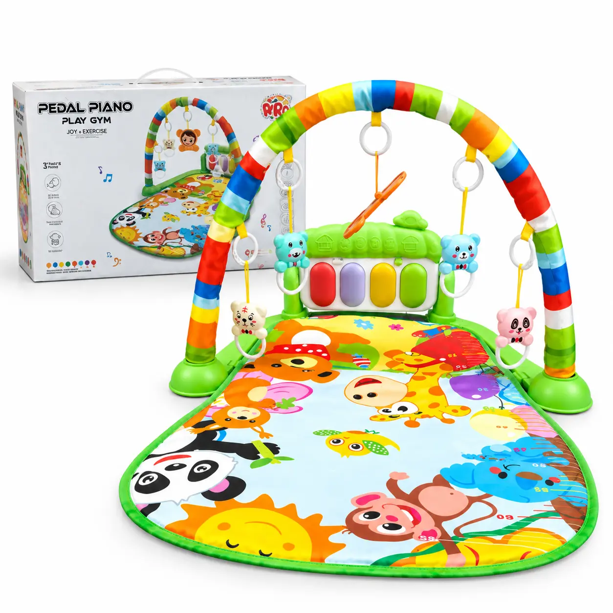 Kick and Play Mat, Tummy Time Mat Toys, Infant Play Mat and Activity Gym, Baby Play Piano Gym Mat, Baby Activity Mat Toys- Fun Play Piano Tummy Time Mat with 5 Sensory Toys, Music & Light for Newborns 0-36 Months, Gift for Boy & Girl