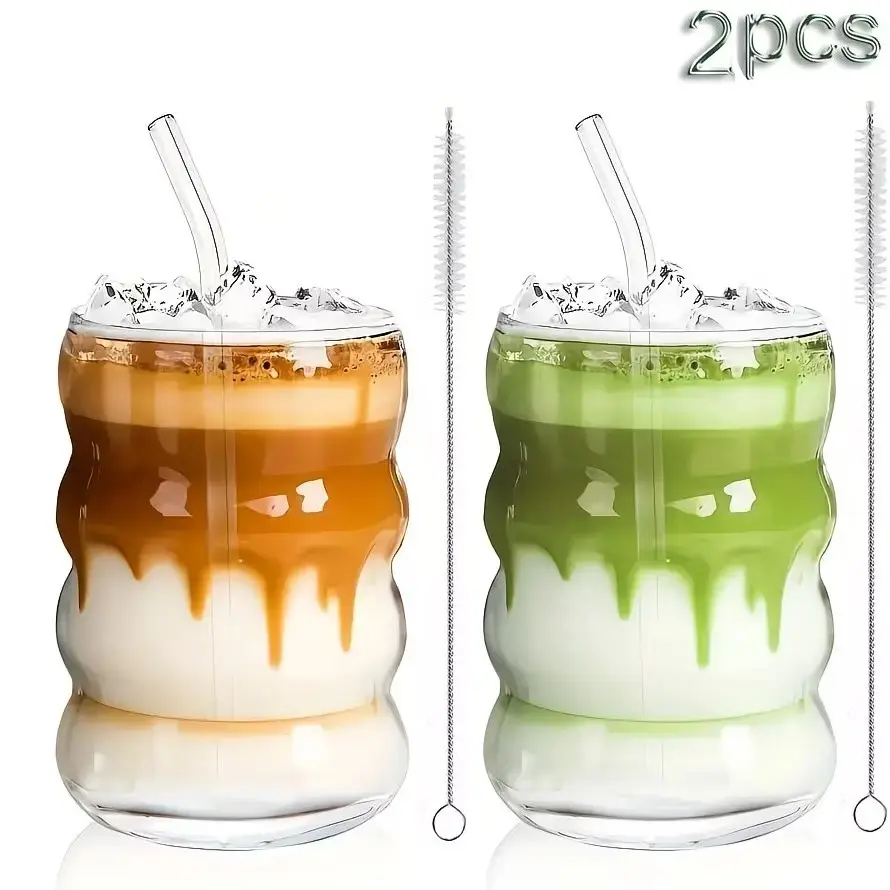 2pcs High Borosilicate Glass Coffee Cups with Straws, Glass Cup Set, Coffee Glasses, Glass Beverage Cups, Ripple Shaped Vintage Drinking Glass Matcha Cups Clear Glassware for Water, Soda, Tea, Juice, Coffee, Matcha, Perfect Gift, 350ml/11.8oz