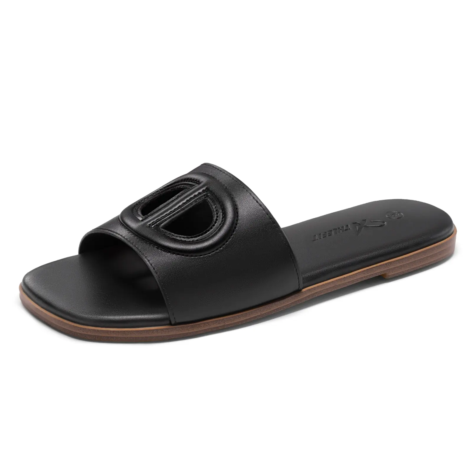 Women's Synthetic Leather Square Toe Flat Slide Shoes for Women - Basic, Casual, Geometric Cutout, High-Elasticity Latex Lightweight Cushioned Footbed, Non-Slip Sole, Summer Beach-Office Footwear