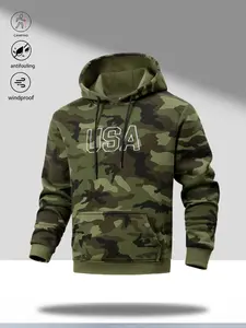 Men's Camouflage Hoodie with Adjustable Drawstring Outdoor Casual Style USA Letter Print Large Pocket for Camping & City Wear Menswear Stylish