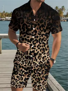 Men's stylish casual shirt and shorts set, featuring leopard print, in large size