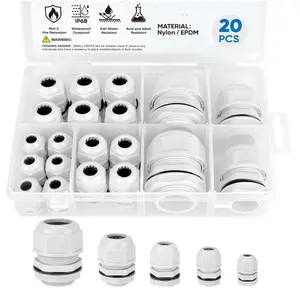 20 Pcs IP68 Waterproof Cable Gland Kit Nylon NPT Adjustable Cable Connectors Assortment 1/4” 3/8” 1/2” 3/4” 1“ for Waterproof Junction Box Wire Pannel (Grey, 20 Pcs)