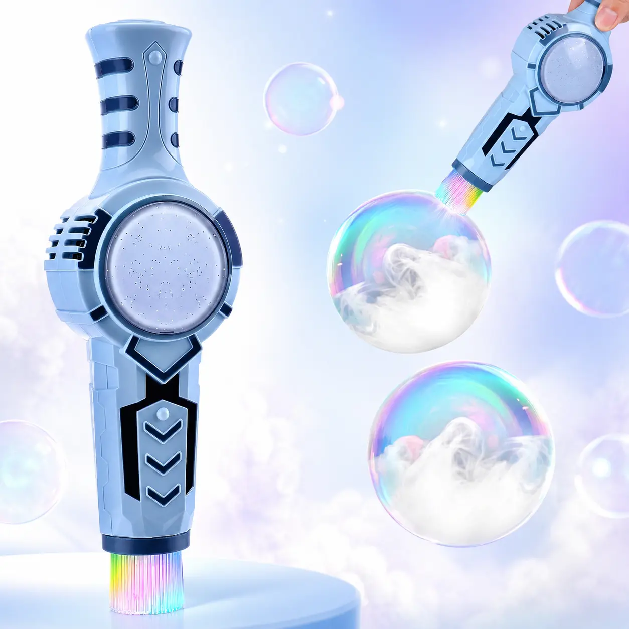 Kids' Mist Bubble Machine with Elastic Fog Wand, Smoke Sword, Lights, Music - Interactive STEM Toy, Outdoor Summer Play Birthday Gift for Boys & Girls